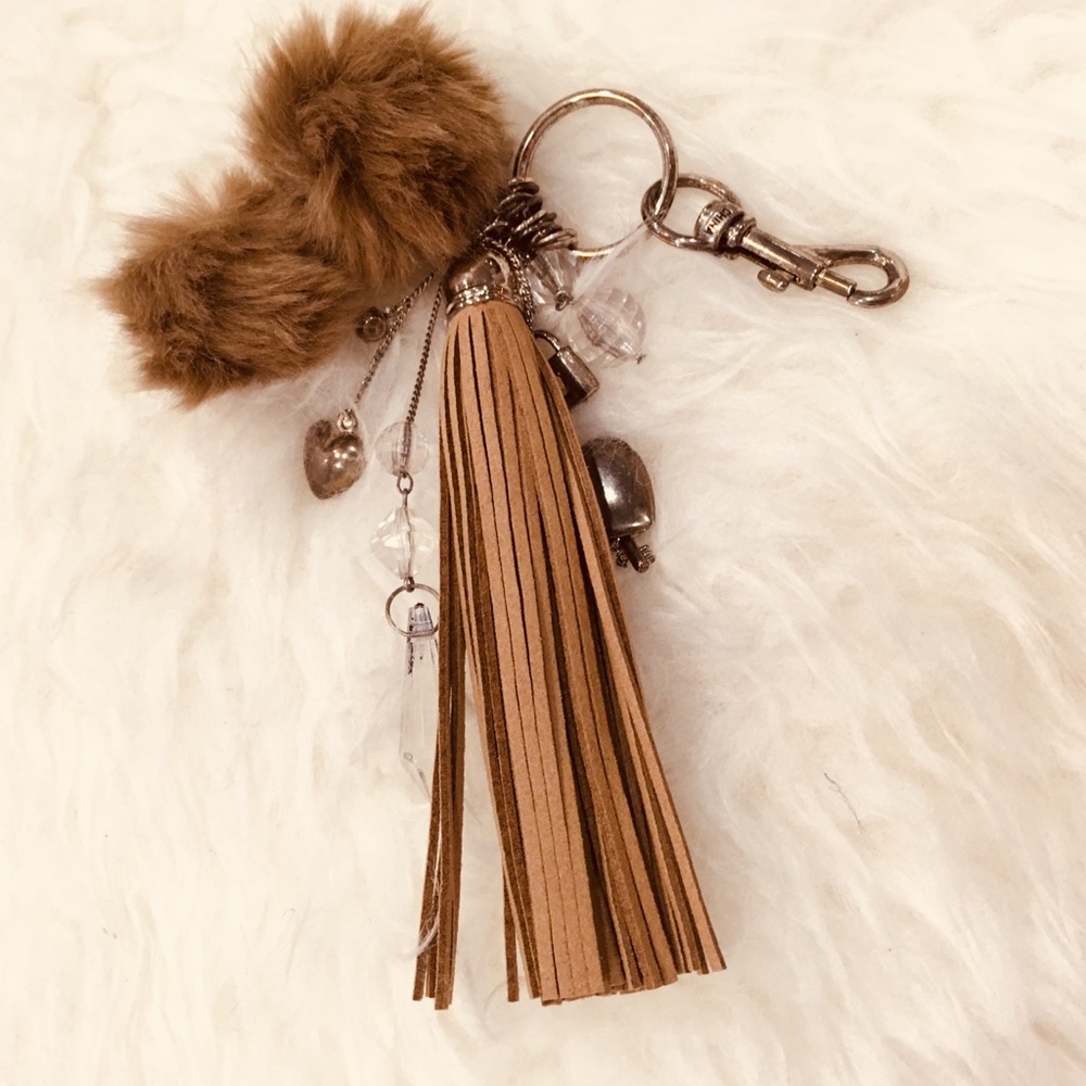 Taupe Mini Pom Pom Tassel & Beaded Key/Bag Charm